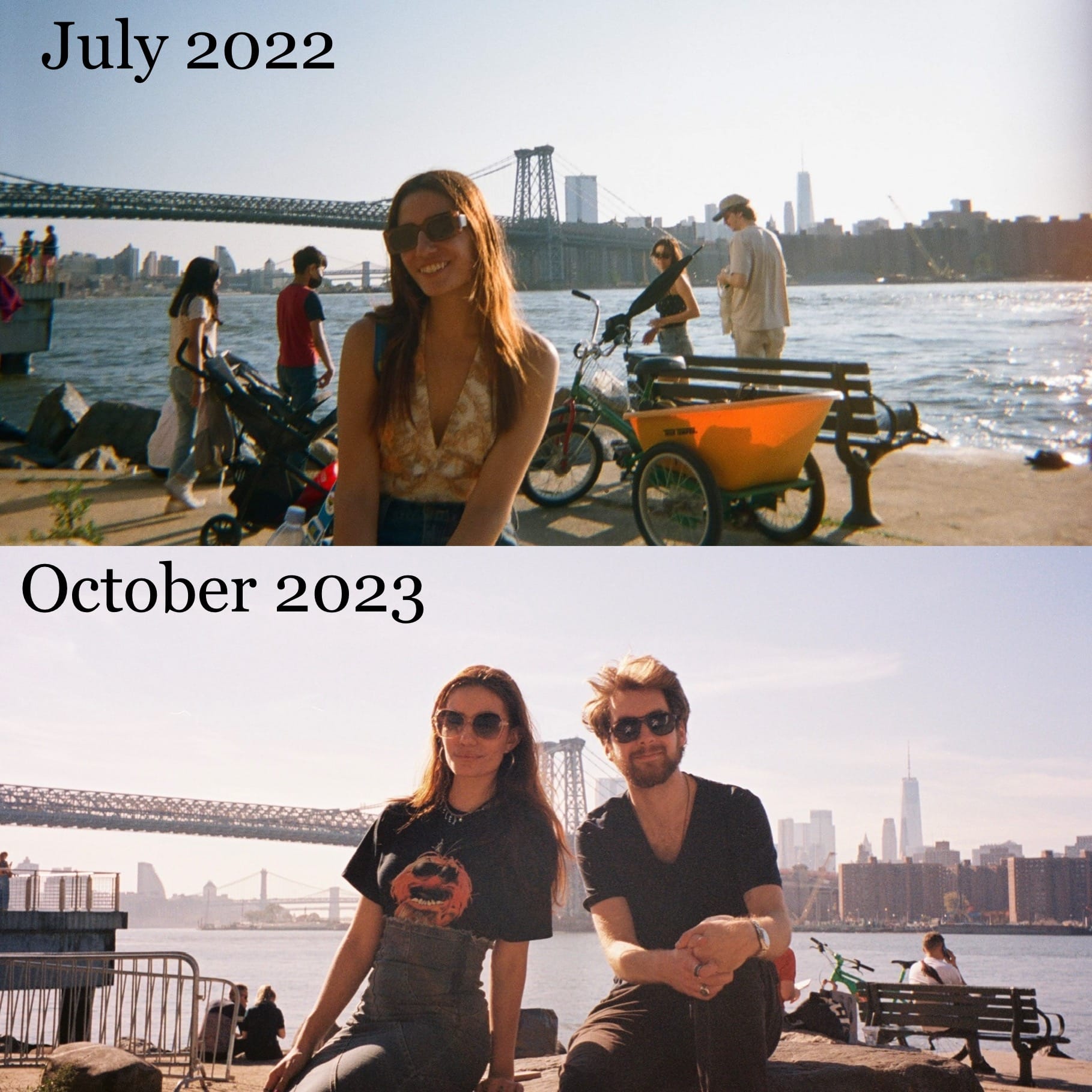 two photos of Lex sitting on a rock by the riverbank in domino park with the Williamsburg Bridge in the background. 
