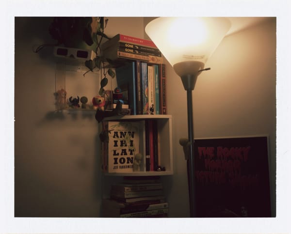 My bedroom bookshelf next to my bed in my apartment also decorated with Knick Knacks